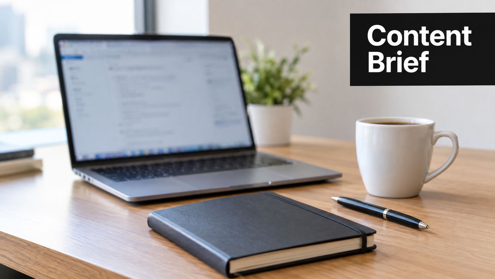 A modern workspace with an open laptop, a closed black notebook, a pen, and a coffee cup.