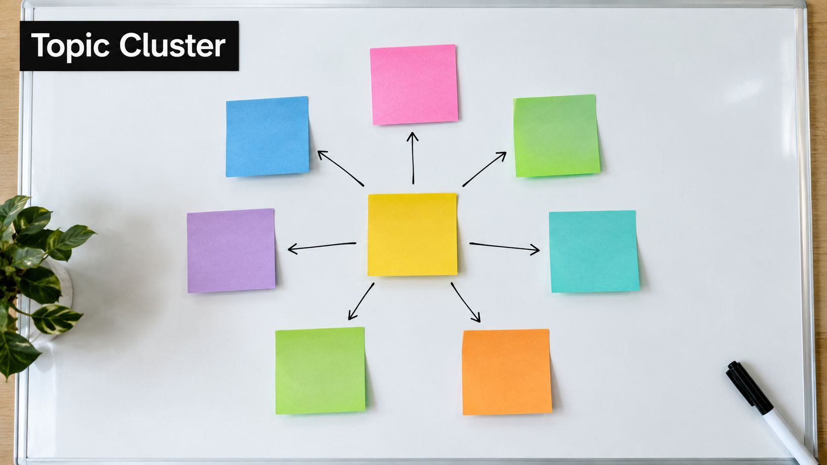 A whiteboard featuring a yellow center sticky note connected by arrows to seven surrounding colored sticky notes.